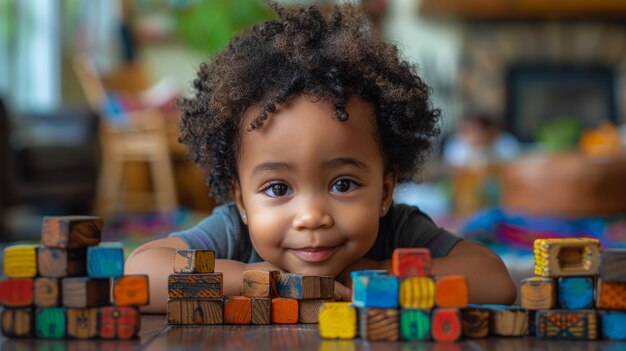 Criança brincando ao lado de uma pilha de blocos de madeira