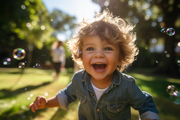 Criança brincando com bolhas sendo feliz