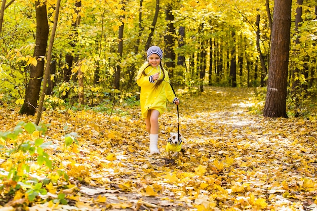 Criança brincando com jack russell terrier na floresta de outono