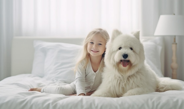 Criança brincando com um cão bonito na cama Menina abraçando um cachorrinho de pastor Crianças e animais amizade amor