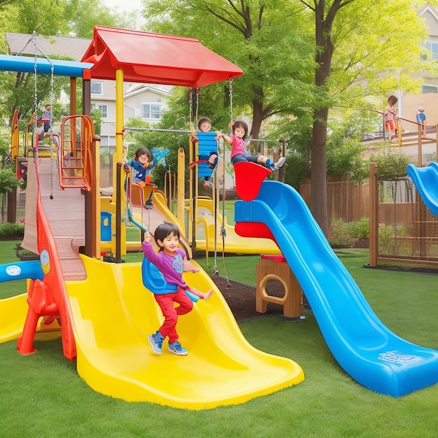 Criança brincando no playground ao ar livre Crianças brincam no balanço do jardim de infância Crianças brincam no parque colorido
