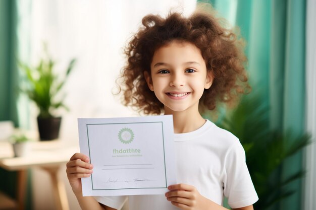 Criança campeã de hábitos saudáveis mostra com orgulho o Certificado de realização do Departamento Nacional de Saúde Infantil