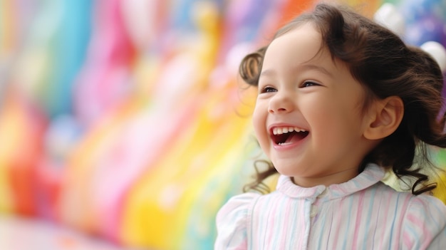 Criança caucasiana alegre em fundo de cor arco-íris vibrante espaço de cópia