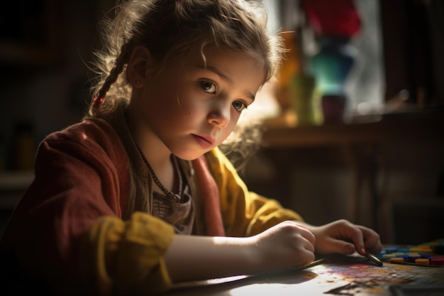 Criança caucasiana feminina desenhando na sala de arte desenho de artista Generative AI AIg23