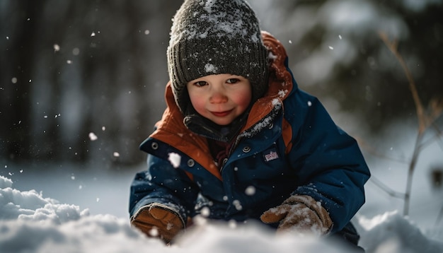 Criança caucasiana sorridente brincando no país das maravilhas do inverno gerado por IA