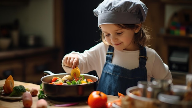 Foto criança-chefe feliz na cozinha com coloridas conservas
