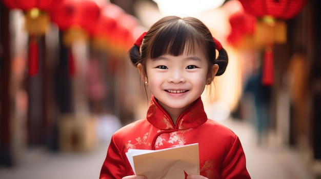 Criança chinesa bonita vestindo roupas chinesas vermelhas segurando envelopes vermelhos comemorando