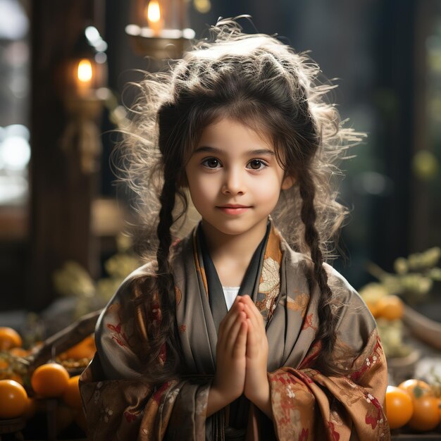 Criança chinesa bonita vestindo terno tradicional rezando ao Deus chinês para sorte no templo do taoísmo