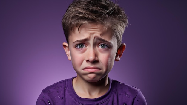 Criança chorando isolada em fundo azul do estúdio