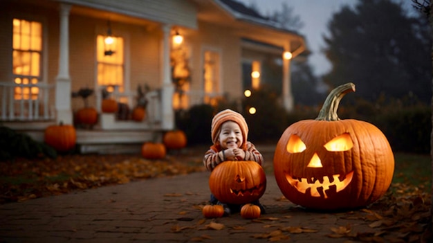 Criança com abóbora de Halloween perto de casa à noite