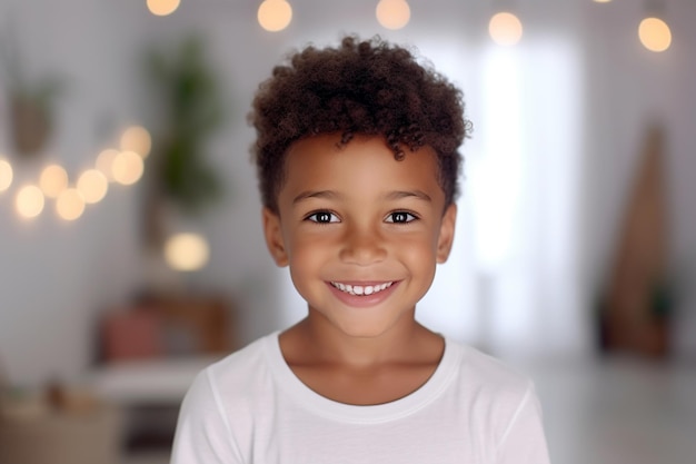 Criança com cabelo encaracolado sorrindo para a sala de estar desfocada da câmera em segundo plano IA generativa