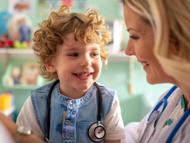 Foto criança com cabelos encaracolados sorrindo para um médico