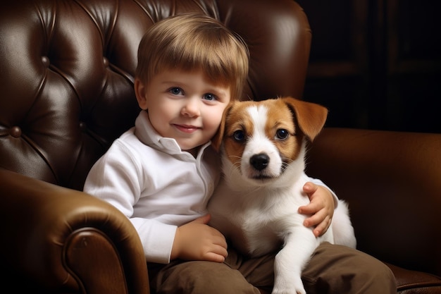 Criança com cachorrinho fofo em poltrona de couro Retrato de cachorro adorável amigo canino Gerar ai