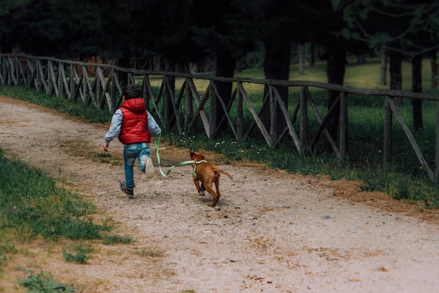 Criança com cão a correr
