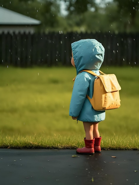 Criança com capa de chuva e mochila Conceito de volta às aulas AI gerado