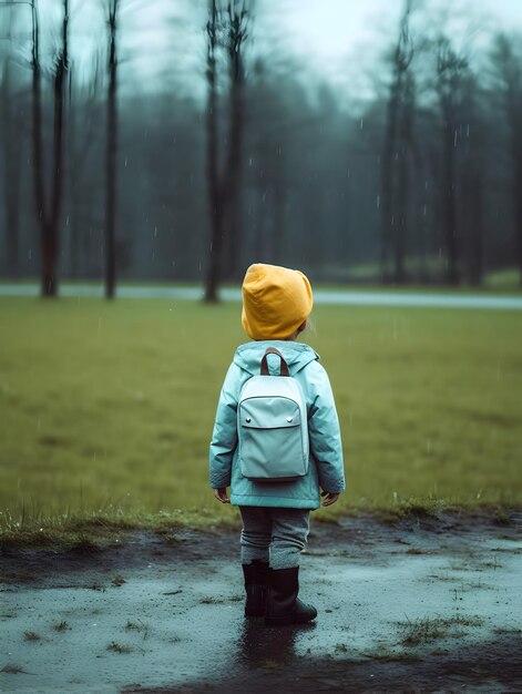 Criança com capa de chuva e mochila Conceito de volta às aulas AI gerado