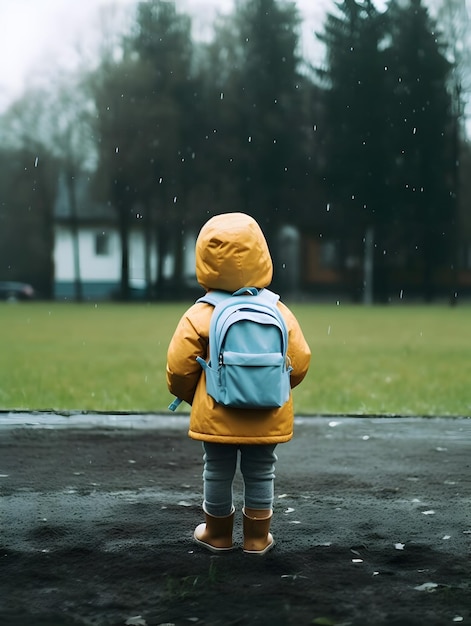 Criança com capa de chuva e mochila Conceito de volta às aulas AI gerado