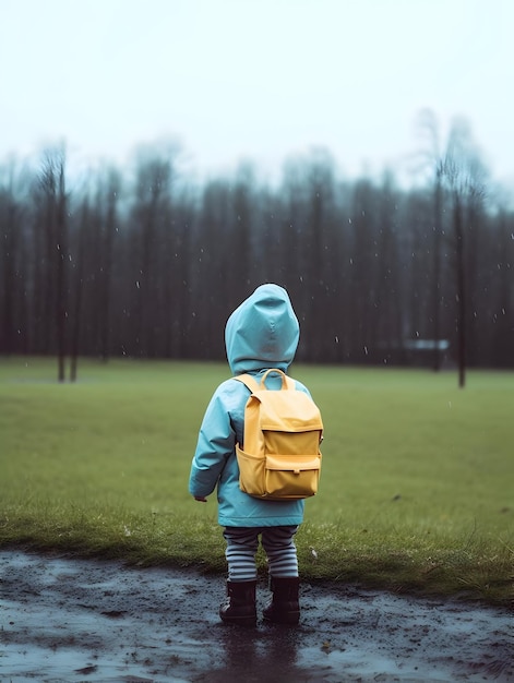 Criança com capa de chuva e mochila Conceito de volta às aulas AI gerado