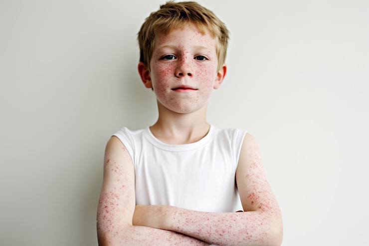 Foto criança com eczema atópico em close-up em problema de pele do braço