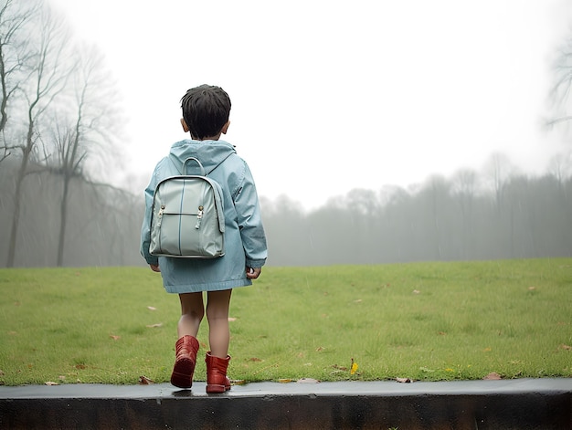 Criança com impermeável e mochila Conceito de volta à escola gerado pela IA