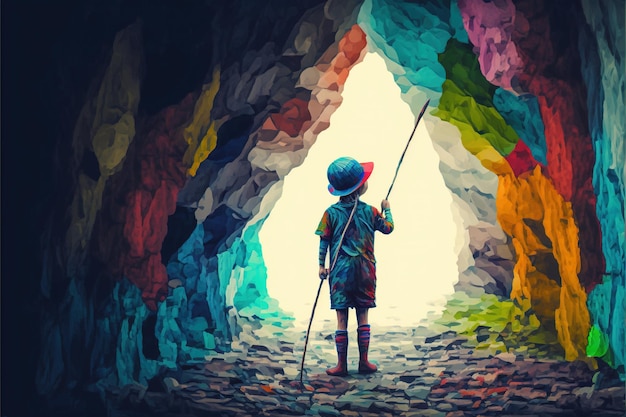 Criança com lança em pé em uma caverna cheia de muitos blocos de pedra futuristas ilustração de estilo de arte digital pintura ilustração de fantasia de uma criança com arma nas mãos
