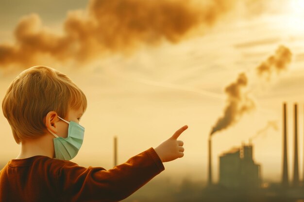 Foto criança com máscara de rosto apontando para chaminés de fábrica sob um céu nebuloso