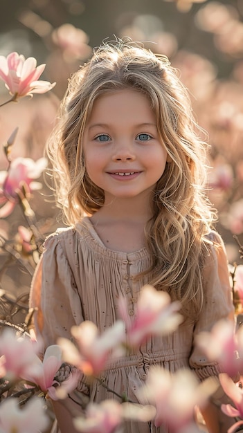 Criança com olhos azuis entre as flores de magnólia rosa Área de aplicação Prova de beleza botânica de moda de primavera