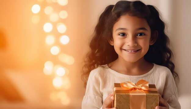 Criança com presente nas mãos conceito de Natal e Ano Novo