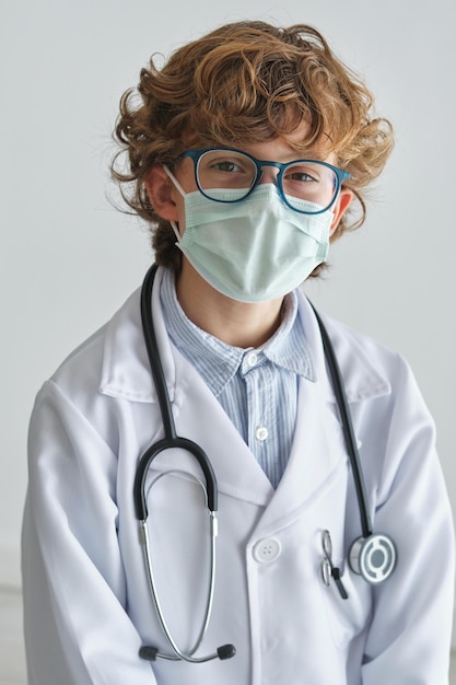 Criança com roupa médica e máscara respiratória com óculos olhando para a câmera em fundo branco