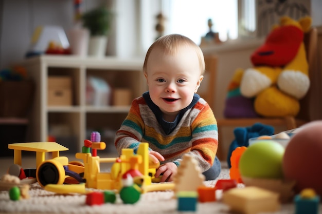 criança com síndrome de Down brinca com brinquedos educativos e sorri