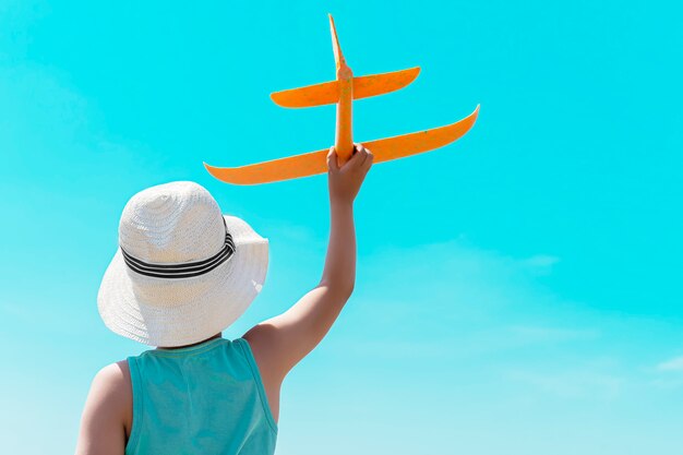 criança com um avião no céu azul.