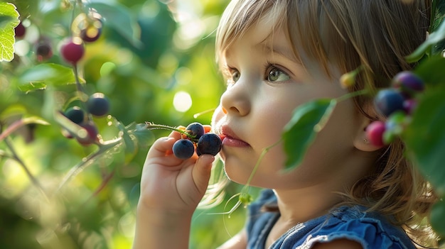 Criança com um desejo de comida sorrindo feliz enquanto come uma cereja de uma árvore aig