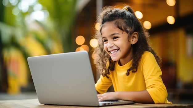Criança com um laptop em um fundo desfocado