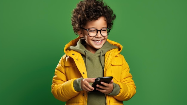 Criança com um telefone celular em um fundo verde