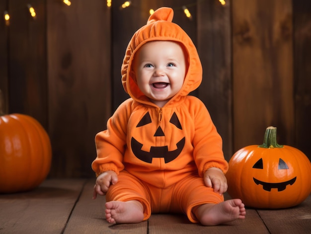 Criança com um traje de Halloween com uma pose brincalhona