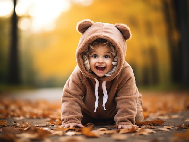 Criança com um traje de Halloween com uma pose brincalhona