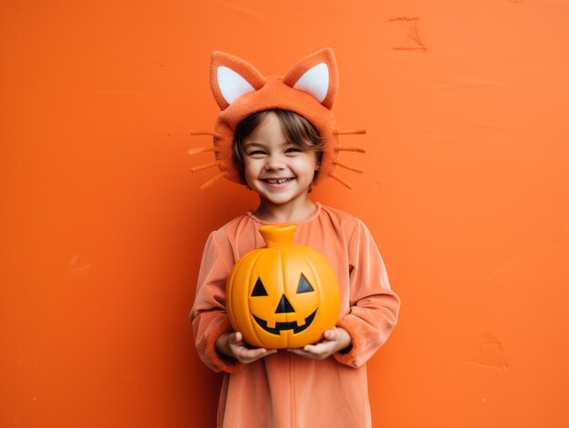 Criança com um traje de Halloween com uma pose brincalhona