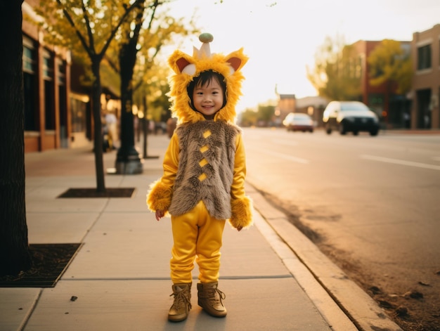 Criança com um traje de Halloween com uma pose brincalhona