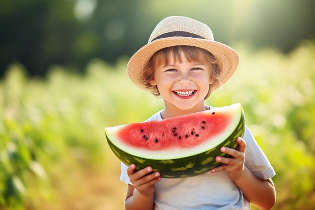 criança comendo melancia ao ar livre no verão quente