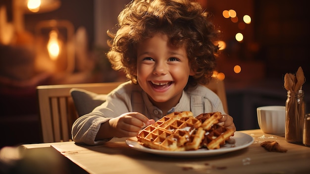 Criança comendo waffles com configuração de chocolate em uma cadeira