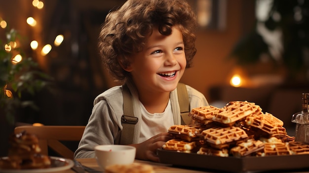 Criança comendo waffles com configuração de chocolate em uma cadeira