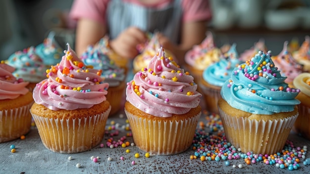 Criança concentrada em decorar cupcakes coloridos