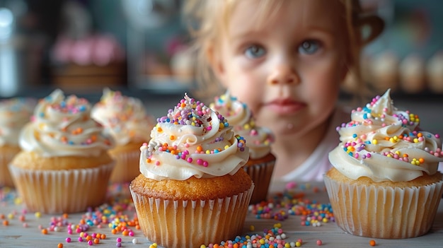 Foto criança concentrada em decorar cupcakes coloridos