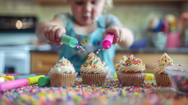 Foto criança concentrada em decorar cupcakes coloridos