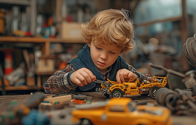 Criança construindo um carro de brinquedo