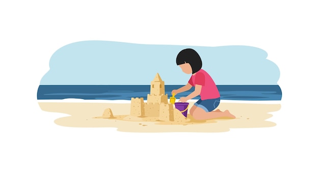 Criança construindo um castelo de areia na praia em arte vetorial plana mínima