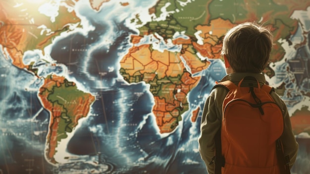 Criança contemplando um mapa do mundo com vontade de viajar e sonhos de aventura
