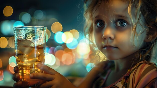 Foto criança contemplativa com suco de laranja aig