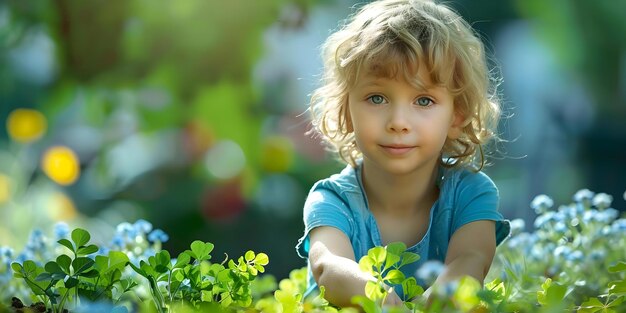 Criança cultivando independência e habilidades de jardinagem plantando sementes de ervilha no leito do jardim Conceito Desenvolvimento infantil Jardinagem com crianças Ensino de responsabilidade Atividades ao ar livre