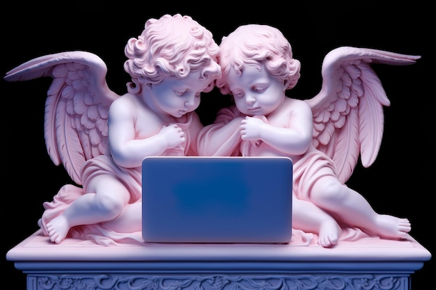 Criança Cyber Monday Neon Little Angel Cherub com laptop em fundo preto isolado